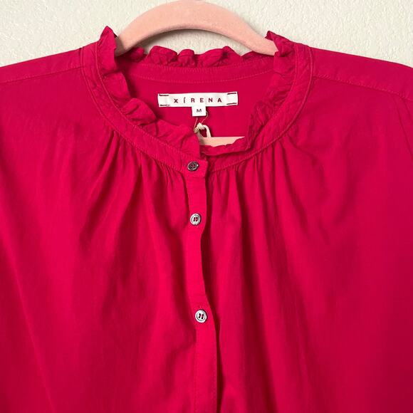 Xirena Top Womens Medium Red Rosette Emery Button Up Long Sleeve Poplin Cotton - Picture 4 of 13